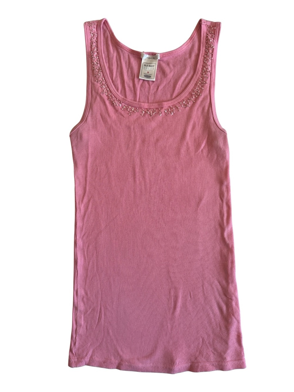 Vtg Y2K Old Navy Women's Pink Ribbed Tank Top Beaded Scoop Neck‎ Perfect Fit Med